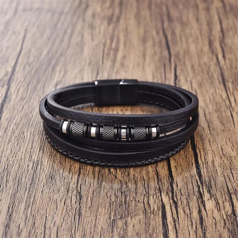 Klasiska nerūsējošā tērauda vīriešu ādas rokassprādze Ar rokām austas daudzslāņu kombinētās fāzēm rokassprādzes rotaslietas vairumtirdzniecība dropshipping