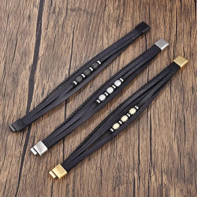 Klasiska nerūsējošā tērauda vīriešu ādas rokassprādze Ar rokām austas daudzslāņu kombinētās fāzēm rokassprādzes rotaslietas vairumtirdzniecība dropshipping