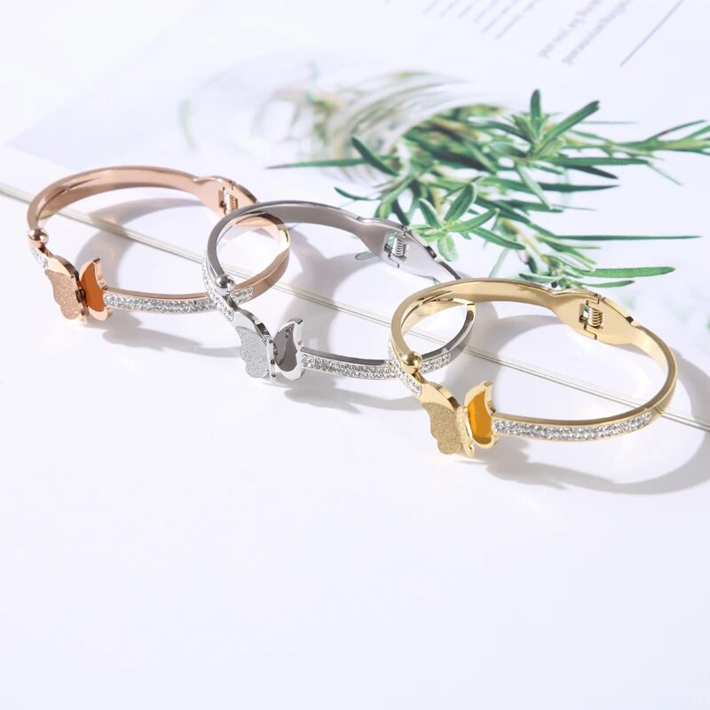 Luksusa tauriņu kristāla nerūsējošā tērauda aproces rokassprādzes sievietēm meitenēm modes aproču rokassprādzes rokassprādzes rotaslietas dāvana