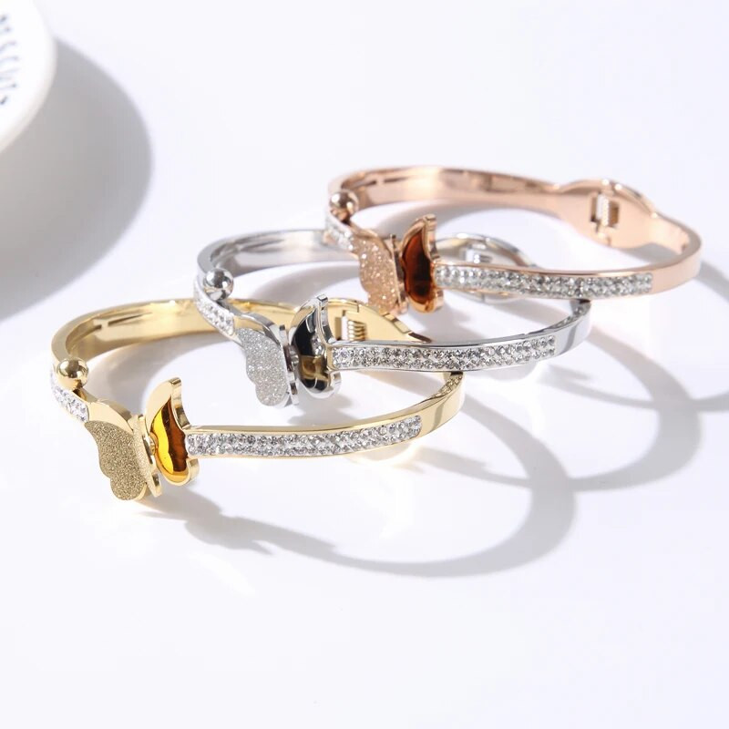 Luksusa tauriņu kristāla nerūsējošā tērauda aproces rokassprādzes sievietēm meitenēm modes aproču rokassprādzes rokassprādzes rotaslietas dāvana