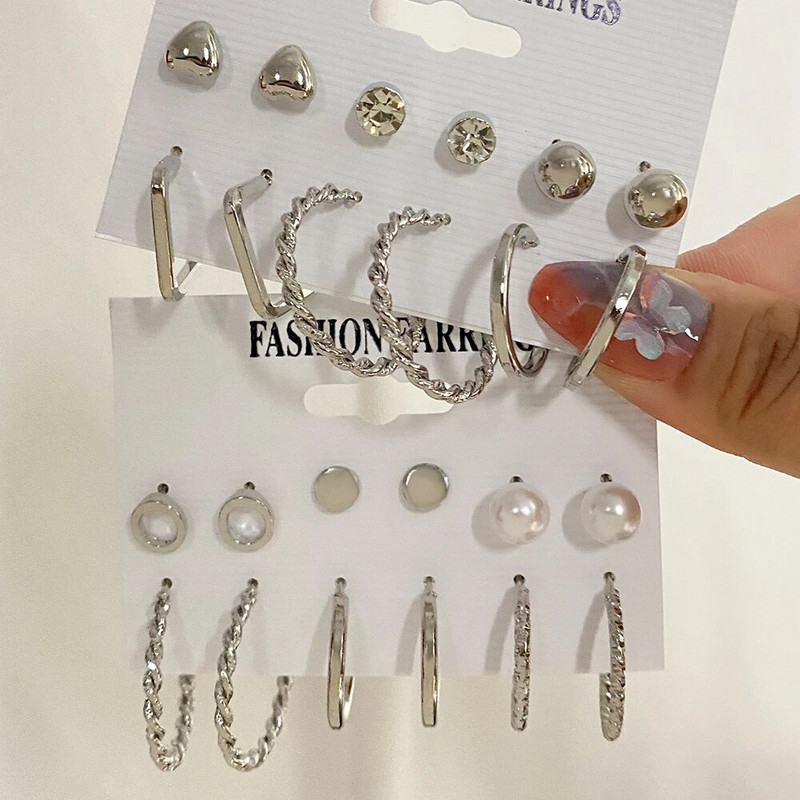 UMKA Divatos geometrikus ezüst színű pillangós karika fülbevaló szett női lányoknak Star Moon fémgyanta akril fülbevaló ékszer