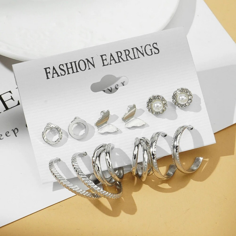 UMKA Divatos geometrikus ezüst színű pillangós karika fülbevaló szett női lányoknak Star Moon fémgyanta akril fülbevaló ékszer