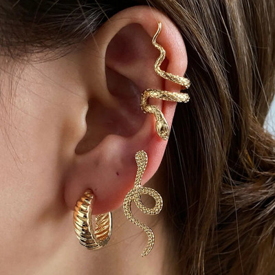 Κλιπ σκουλαρίκι από ορείχαλκο φίδι 3 τεμαχίων χωρίς διάτρηση πανκ, μη τρυπημένα σκουλαρίκια με κλιπ Μανσέτες αυτιών για γυναίκες Ανδρικά Μαύρα ψεύτικα κοσμήματα για διάτρηση