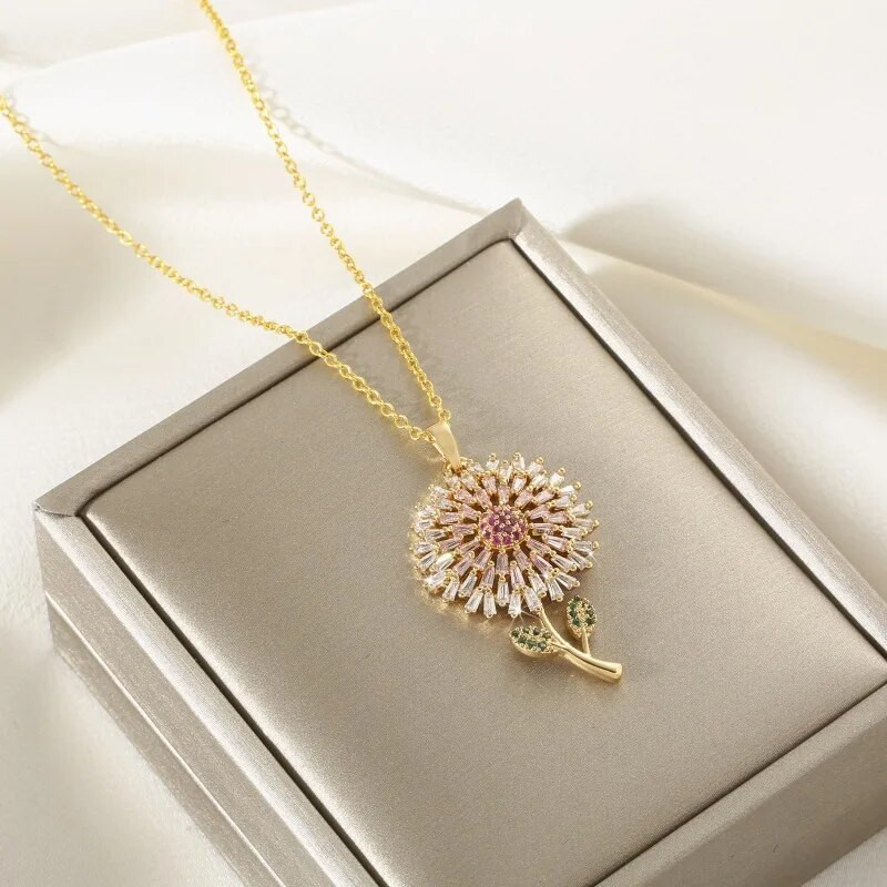 [18K apzeltījums] Nekad neizbalē rozā saulespuķu kulonu kaklarota sievietēm pārspīlēta pienenes banketu rotaslietas jubilejas dāvana