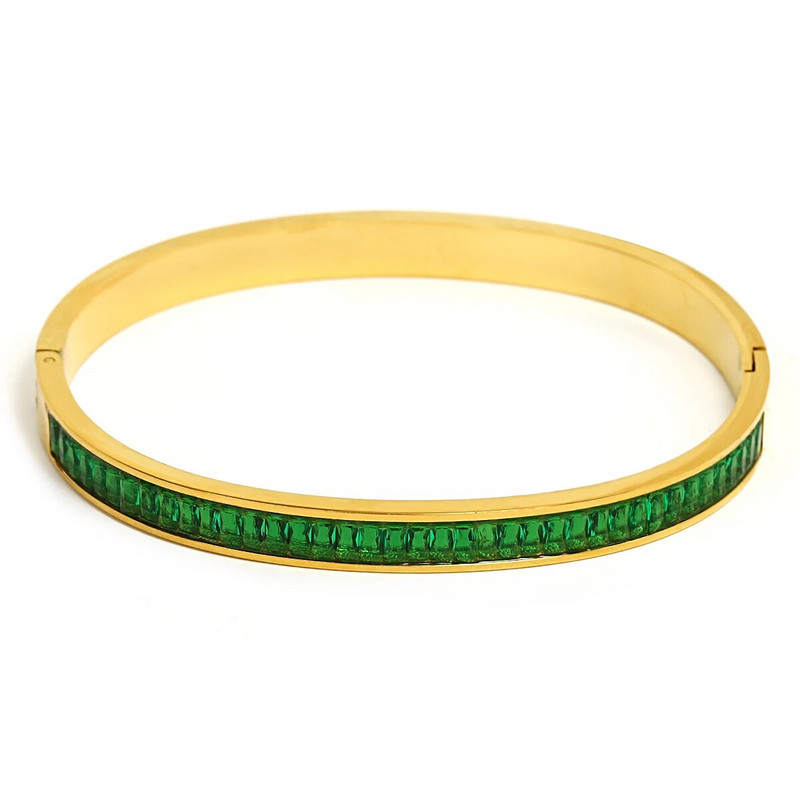 Flashbuy Модерен шик Гривни от зелен циркон от неръждаема стомана за жени Очарователна текстура Прости златни аксесоари