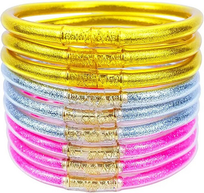 9 vnt., blizgantys blizgučiai, sukraunami želė vamzdeliai, plastikiniai apyrankių apyrankių rinkinys moterims, užpildytas silikonu, lengvas riešas, dovana mergaitėms