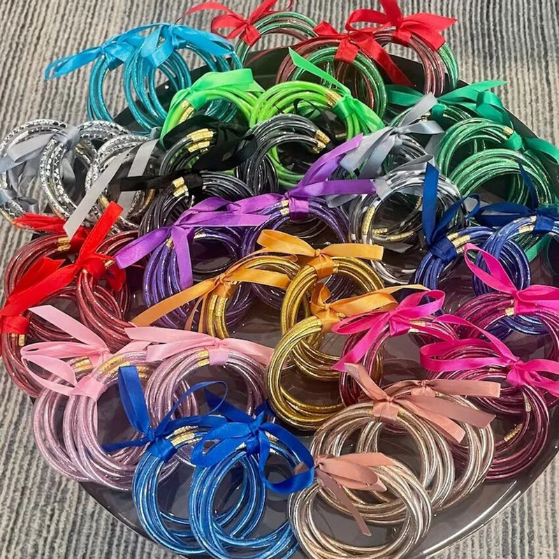 9 vnt., blizgantys blizgučiai, sukraunami želė vamzdeliai, plastikiniai apyrankių apyrankių rinkinys moterims, užpildytas silikonu, lengvas riešas, dovana mergaitėms