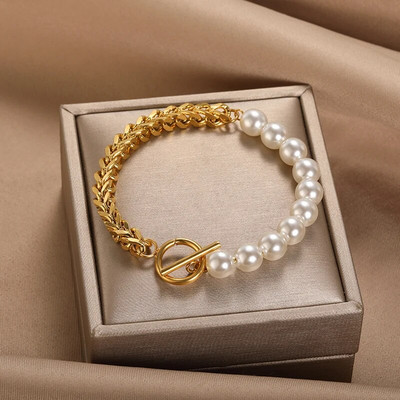 Cuban Chain Pearl Bracelets For Women Handmade Stainless Steel Heart Pendant Bracelets Wedding Party Boho Jewelry Gifts