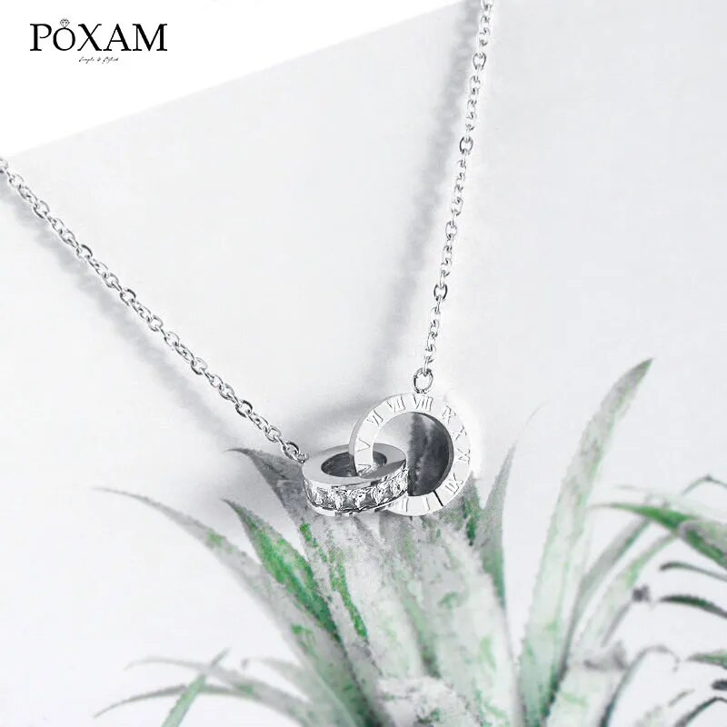 POXAM Luxus Elegáns Crystal Choker divatos római digitális rozsdamentes acél arany ezüst színű medál nyakláncok női ékszereknek