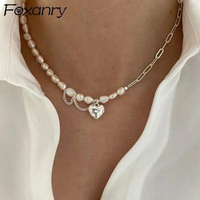 FOXANRY Колие с печат за жени Модерна елегантна асиметрична верига Перли Гладки LOVE Heart Bride Jewelry Lover Gifts