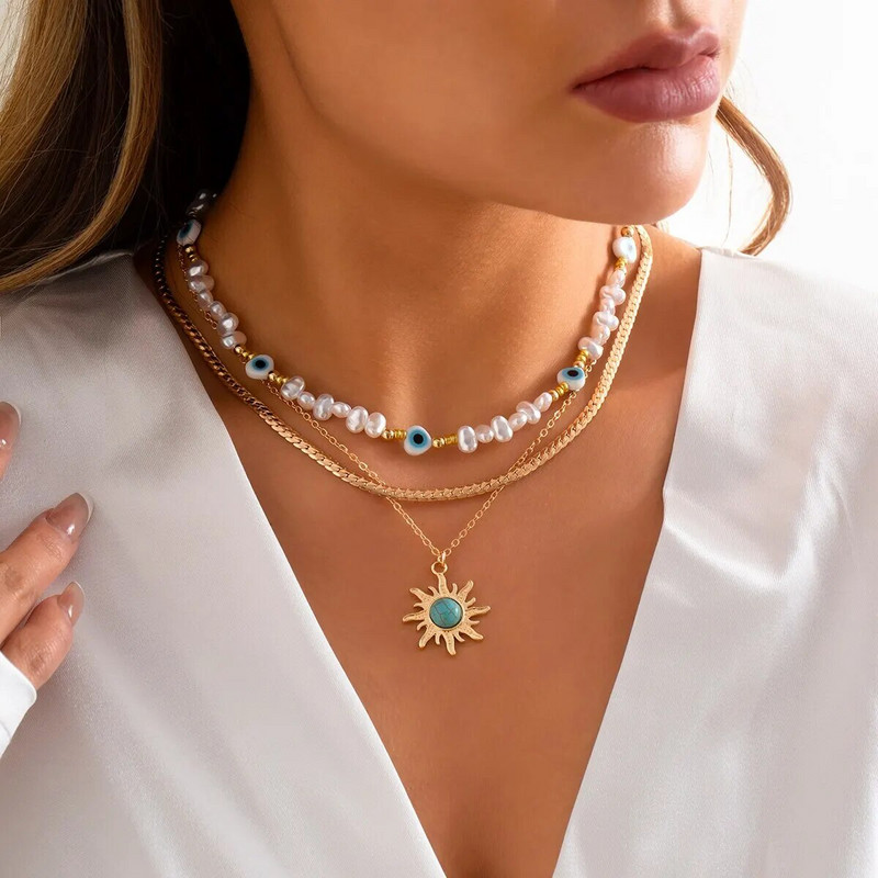 3db/készlet Etnikai napraforgó zöld kő medál nyaklánc női vintage utánzat-gyöngy ördögszem gyöngyös gallér nyaklánc