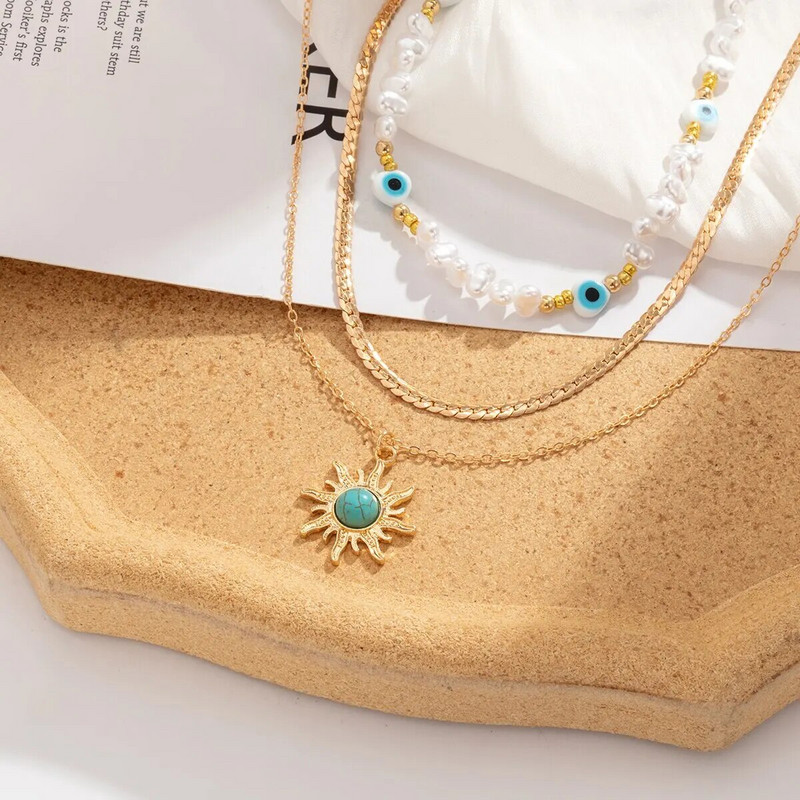 3db/készlet Etnikai napraforgó zöld kő medál nyaklánc női vintage utánzat-gyöngy ördögszem gyöngyös gallér nyaklánc