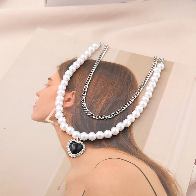 2022. gada jauna radoša vienkārša temperamenta sieviešu daudzslāņu kaklarota ins style melna mīlestības divslāņu pērļu kaklarota