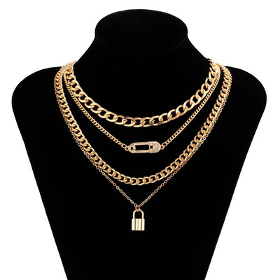 Punk Sunkiojo metalo aukso spalvos užraktas kaklo pakabukas moterims Vyrams Daugiasluoksnė krištolo grandinėlė Grunge papuošalai Steampunk