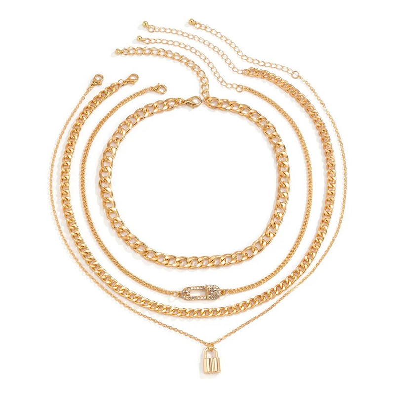 Punk Sunkiojo metalo aukso spalvos užraktas kaklo pakabukas moterims Vyrams Daugiasluoksnė krištolo grandinėlė Grunge papuošalai Steampunk