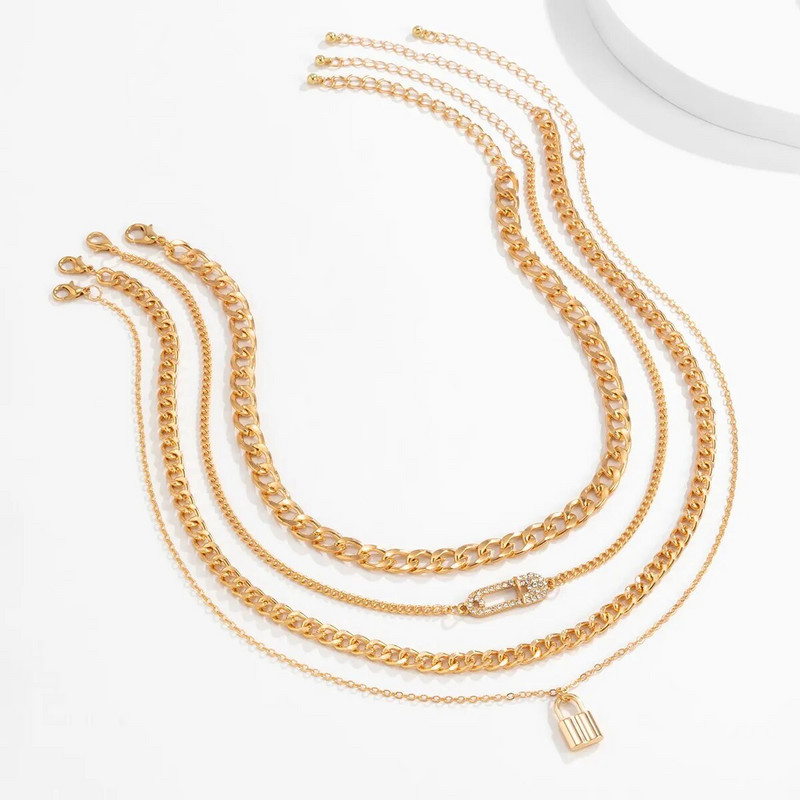 Punk Sunkiojo metalo aukso spalvos užraktas kaklo pakabukas moterims Vyrams Daugiasluoksnė krištolo grandinėlė Grunge papuošalai Steampunk