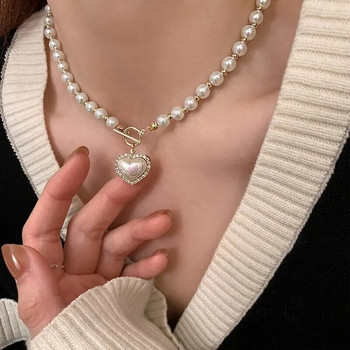 Λευκή απομίμηση μαργαριταρένιο κολιέ γυναικείο κρεμαστό κόσμημα πέτρας καρδιάς Χαριτωμένο κορίτσι κοσμήματα κολιέ Collier Femme