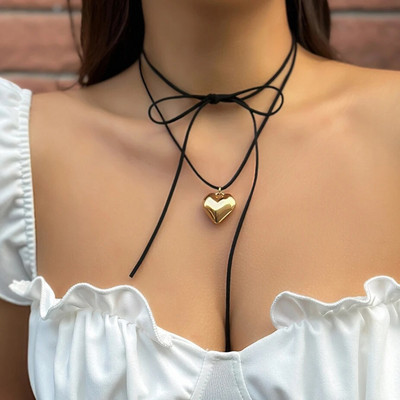 Ingemark Elegant Goth Love Heart Pendant Kaklarota Sievietēm Apkakles Wed Līgavas mezgloti Bowknot Regulējama Ķēde Y2K Rotaslietas Jauns