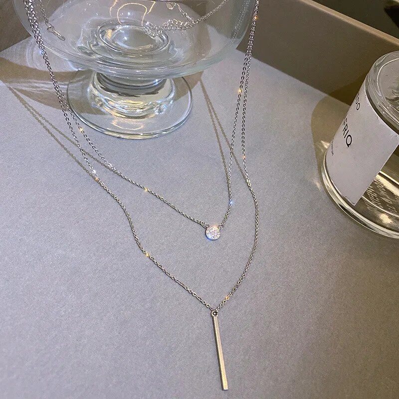 Klasični trend višeslojni lanac za ključnu kost dame jednostavna temperamentna ogrlica četvrtasta traka okrugli dvoslojni privjesak dar