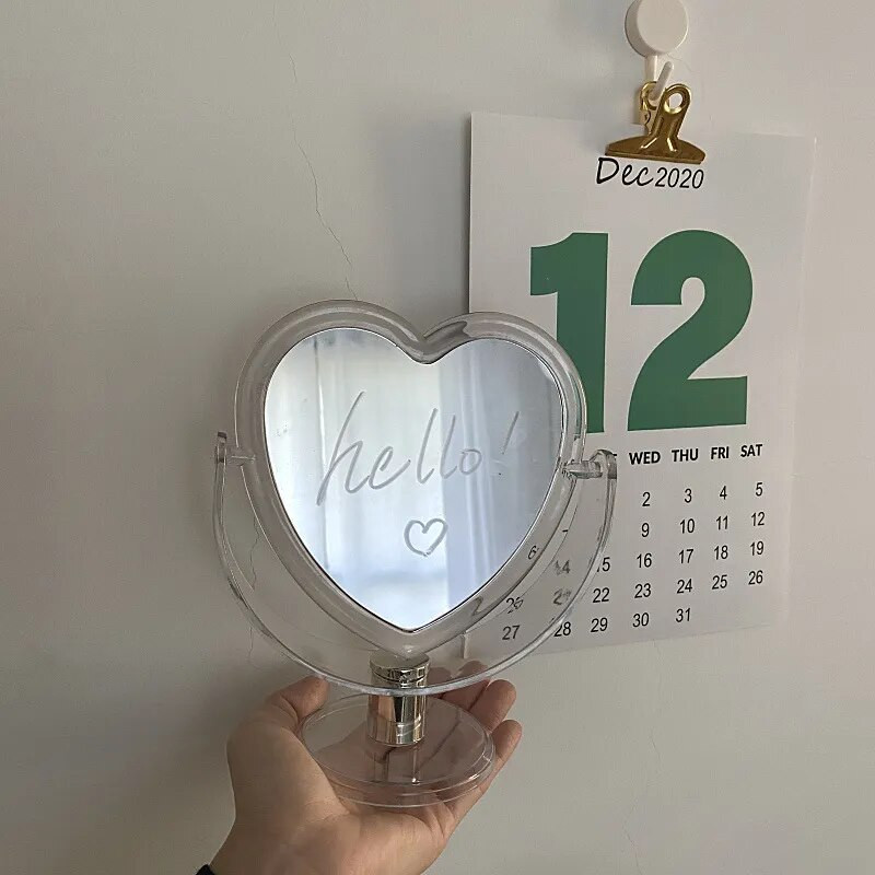 INS korėjietiško stiliaus širdies formos kosmetinis veidrodis akrilinis skaidrus pagrindo makiažo veidrodis dvipusis namų miegamojo veidrodis darbalaukiui
