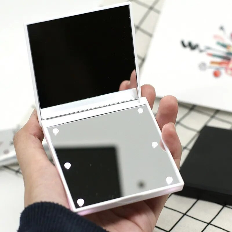 6 LED aplauzuma spogulis ar gaismu 1x 2x palielināms mazas kabatas pārnēsājamas ceļojumu rozā, melnbaltas, salokāmas kosmētikas spoguļi