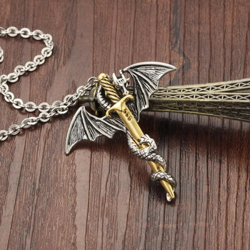 INS Vintage Style Sword and Dragon κολιέ για άνδρες Μόδα Pterodactyl Warrior Κοσμήματα από ανοξείδωτο ατσάλι Charm Party Accessories