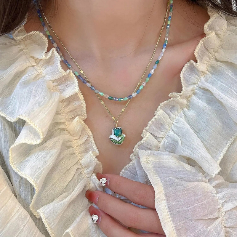 Vasaros žalios spalvos karoliai, rankų darbo karoliukais puošta raktikaulio grandinėlė Choker šviesus prabangus dizaino karoliai, 2022 m. aksesuarai