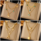 DIEYURO 316L nehrđajući čelik Leptir Moon Lock Blue Eyes Ogrlica s privjeskom za žene Novi višeslojni lančić za okiće Nakit Pokloni