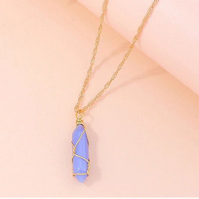 Естествен камък Кварц Лапис Опал Аметист Розов кристален камък Шестоъгълна колона Висулка Колиета Кожена верига Bullet Колие