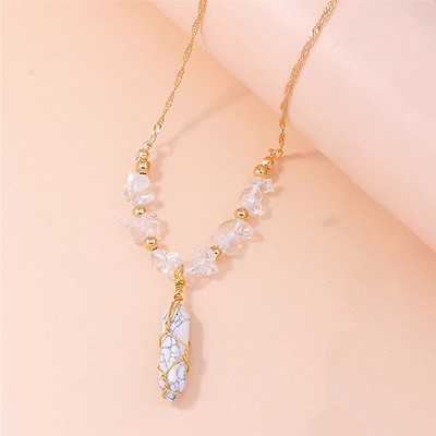 Естествен камък Кварц Лапис Опал Аметист Розов кристален камък Шестоъгълна колона Висулка Колиета Кожена верига Bullet Колие