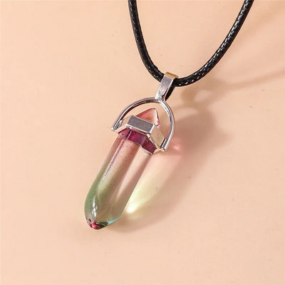 Естествен камък Кварц Лапис Опал Аметист Розов кристален камък Шестоъгълна колона Висулка Колиета Кожена верига Bullet Колие
