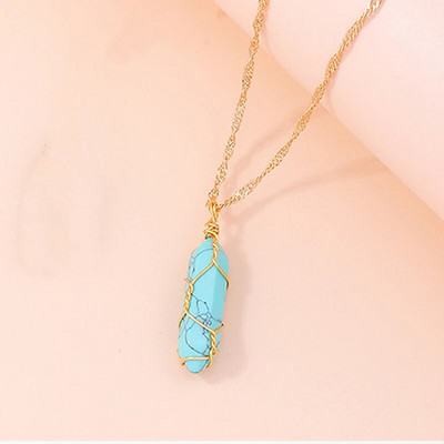 Естествен камък Кварц Лапис Опал Аметист Розов кристален камък Шестоъгълна колона Висулка Колиета Кожена верига Bullet Колие