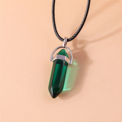 Естествен камък Кварц Лапис Опал Аметист Розов кристален камък Шестоъгълна колона Висулка Колиета Кожена верига Bullet Колие