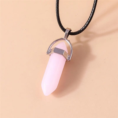 Естествен камък Кварц Лапис Опал Аметист Розов кристален камък Шестоъгълна колона Висулка Колиета Кожена верига Bullet Колие