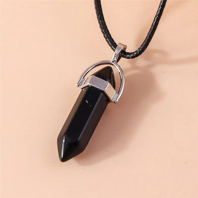 Естествен камък Кварц Лапис Опал Аметист Розов кристален камък Шестоъгълна колона Висулка Колиета Кожена верига Bullet Колие