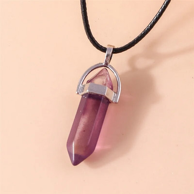 Естествен камък Кварц Лапис Опал Аметист Розов кристален камък Шестоъгълна колона Висулка Колиета Кожена верига Bullet Колие