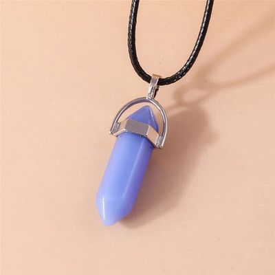 Естествен камък Кварц Лапис Опал Аметист Розов кристален камък Шестоъгълна колона Висулка Колиета Кожена верига Bullet Колие