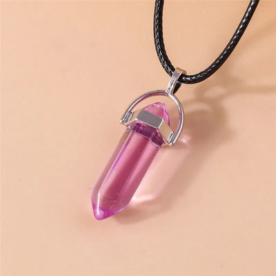 Естествен камък Кварц Лапис Опал Аметист Розов кристален камък Шестоъгълна колона Висулка Колиета Кожена верига Bullet Колие