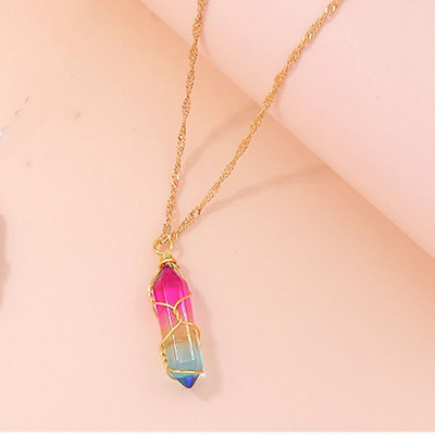 Естествен камък Кварц Лапис Опал Аметист Розов кристален камък Шестоъгълна колона Висулка Колиета Кожена верига Bullet Колие