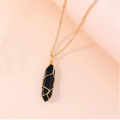 Естествен камък Кварц Лапис Опал Аметист Розов кристален камък Шестоъгълна колона Висулка Колиета Кожена верига Bullet Колие