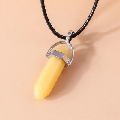 Естествен камък Кварц Лапис Опал Аметист Розов кристален камък Шестоъгълна колона Висулка Колиета Кожена верига Bullet Колие