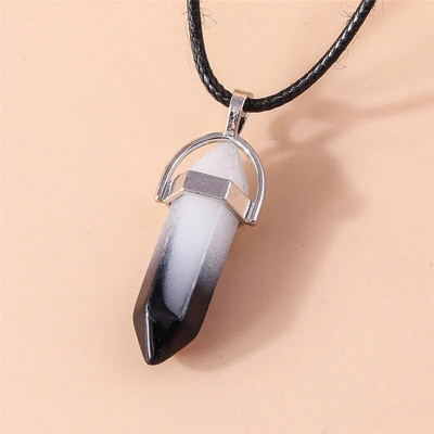 Естествен камък Кварц Лапис Опал Аметист Розов кристален камък Шестоъгълна колона Висулка Колиета Кожена верига Bullet Колие