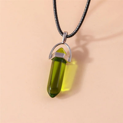 Естествен камък Кварц Лапис Опал Аметист Розов кристален камък Шестоъгълна колона Висулка Колиета Кожена верига Bullet Колие