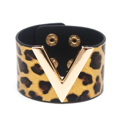 Modes Leoparda ādas rokassprādze sievietēm Vienkārša All-Match V Word Wide Charm Cuff Wrap Rokassprādze sieviešu aproces rotaslietas