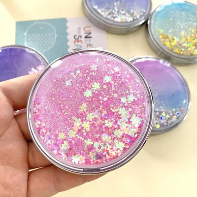 Portable Double-Sided Folding Cosmetic Mirror Female Gifts With Flowing Sparkling Sand Mini Makeup Mirror Compact Pocket Mirrors