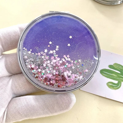 Φορητός διπλής όψης αναδιπλούμενος καλλυντικός καθρέφτης γυναικεία δώρα με ρέουσα αστραφτερή άμμο Μίνι καθρέφτης μακιγιάζ Συμπαγείς καθρέφτες τσέπης