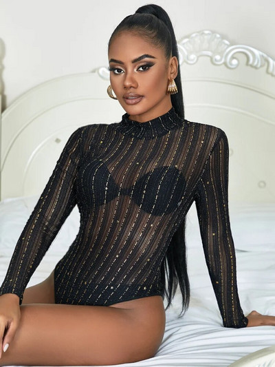 Comeondear Crni bodi Mrežasti triko Prozirne hlače Donje rublje bez prepona Kombinezon s prugama dugih rukava Seksi prevelika pidžama