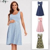 Φόρεμα νοσηλείας Ριγέ Baby Shower Θηλασμός Φόρεμα εγκυμοσύνης Κομψό αμάνικο Premama Pregnant Dresses Vestido Robe Femme