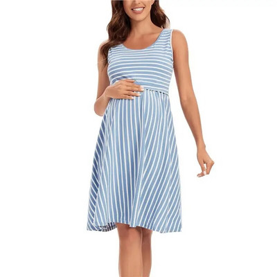 Φόρεμα νοσηλείας Ριγέ Baby Shower Θηλασμός Φόρεμα εγκυμοσύνης Κομψό αμάνικο Premama Pregnant Dresses Vestido Robe Femme