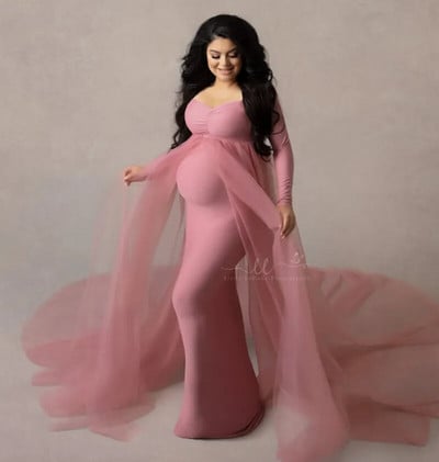 Rozā Grūtnieču kleitas Fotorekvizīti Bezpleciem Grūtniecība Gara Kleita Grūtniecēm Maxi Gown Baby Showers Fotosesija